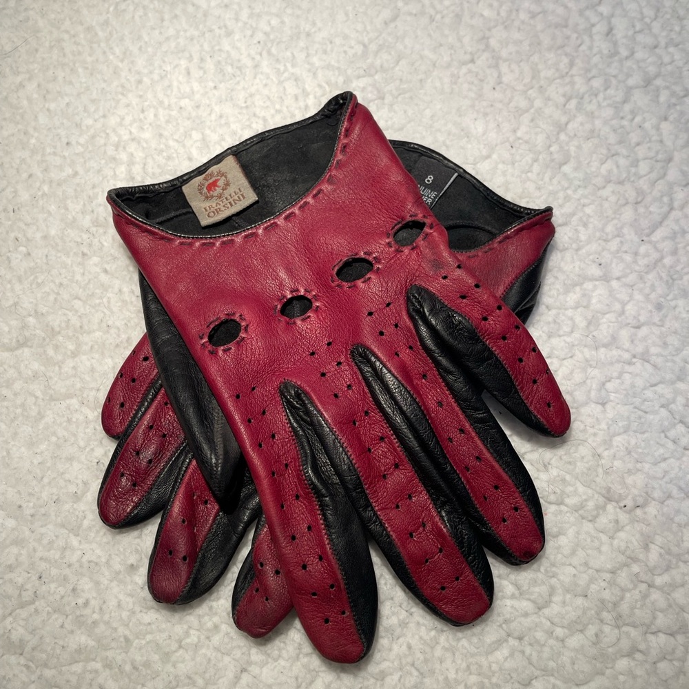 womens maroon and black leather scoop driving gloves